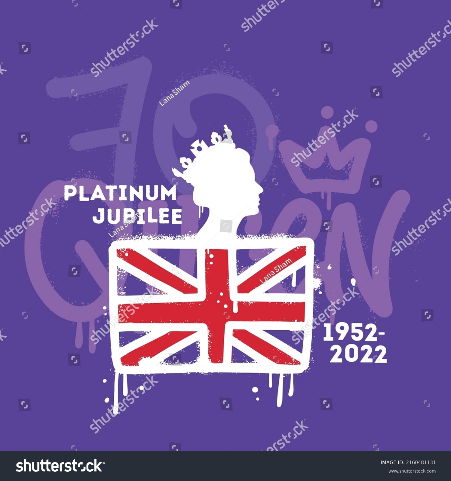 SVG of Wall art street graffiti style card for Platinum Queen Jubilee 1952-2022. Female head side profile with crown, flag, splash effect and drops. Print for tee, poster. Vector hand drawn illustration svg