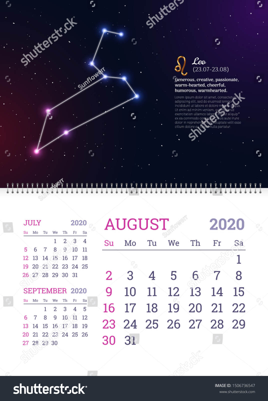 Wall Calendar August Year Leo Stock Vector Royalty Free