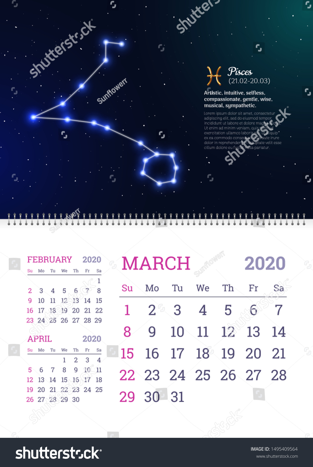 Wall Calendar March Year Pisces Stock Vector Royalty Free