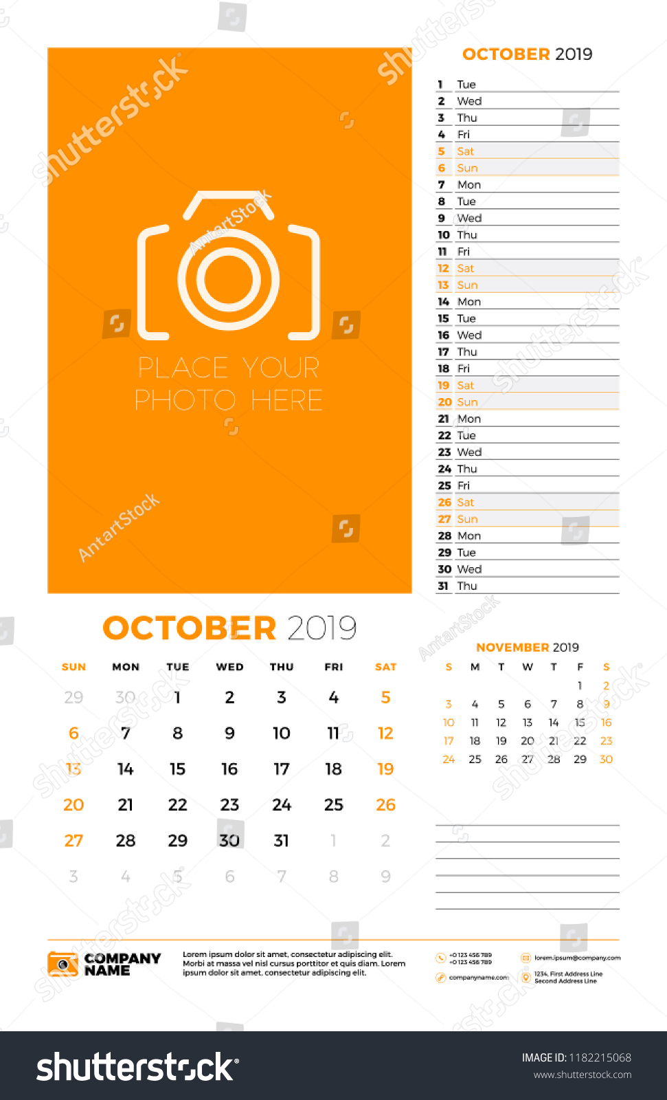 Wall Calendar Planner Template October 2019 Stock Vector Royalty Free