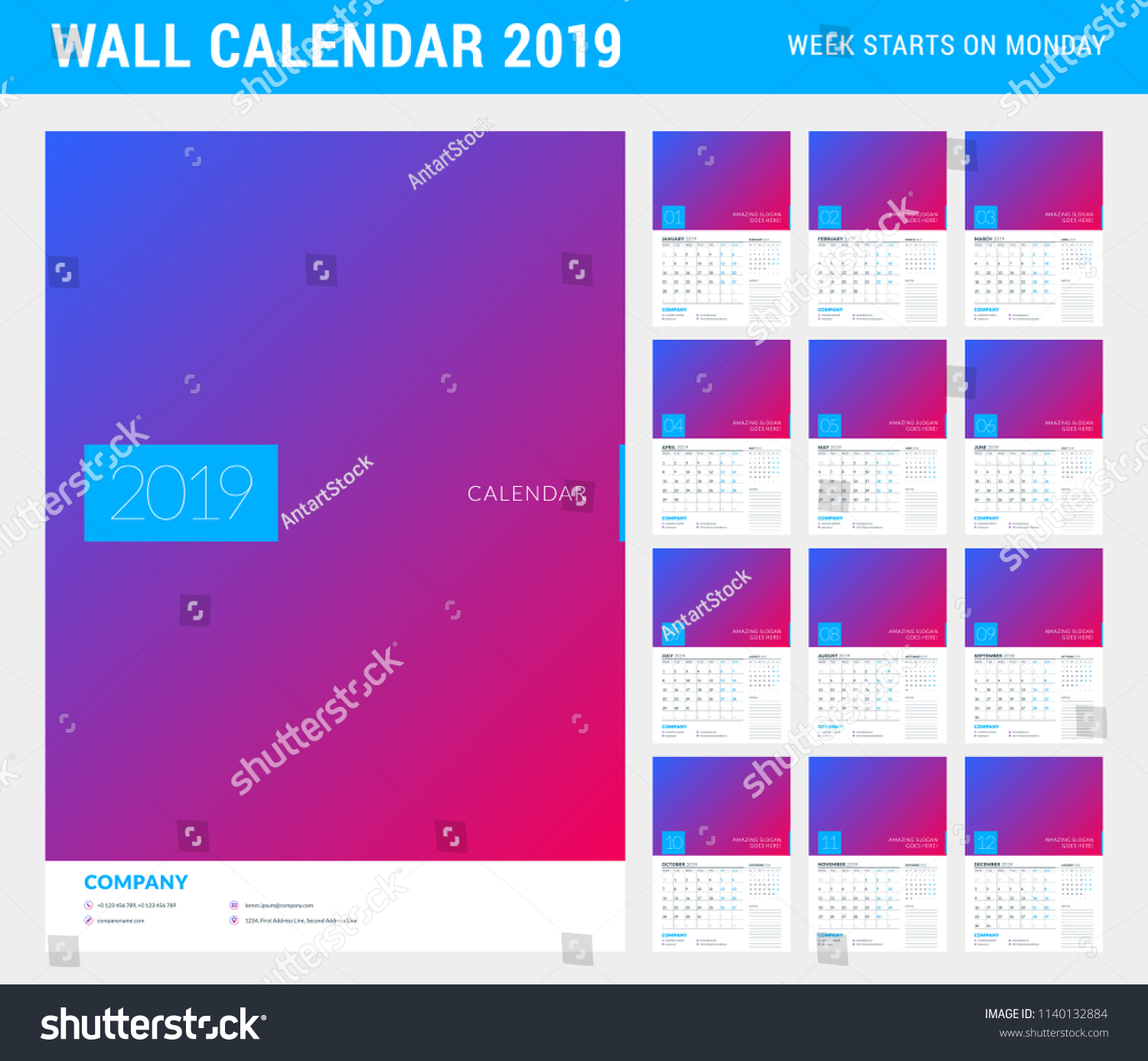 Wall Calendar Planner Template 19 Year Stock Vector Royalty Free