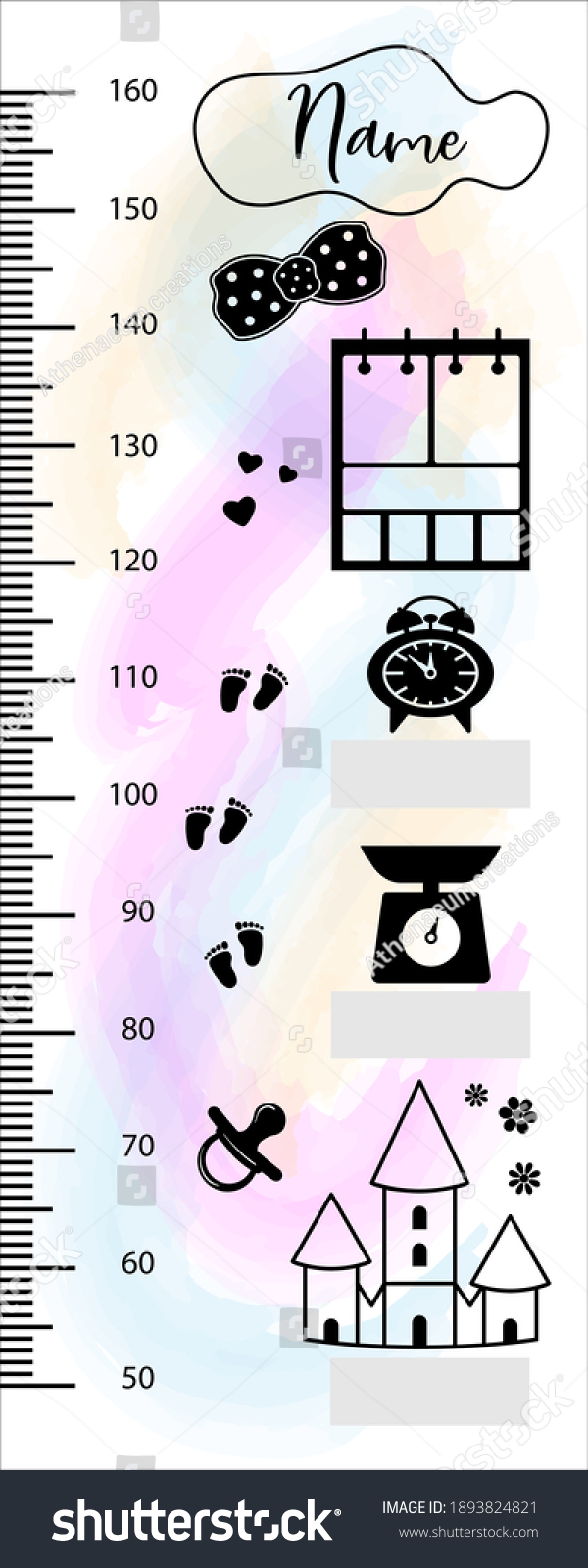 SVG of Wall height chart design for girl on watercolor background. Birth Stats icons for Birth Announcement. Meter wall with scale to measure growth. Vector illustration. svg