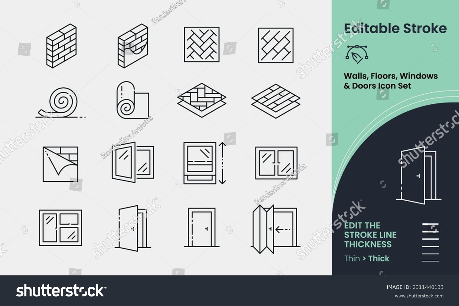 SVG of Walls, Floor, Windows and Doors Icon collection containing 16 editable stroke icons. Perfect for logos, stats and infographics. Edit the thickness of the line in any vector capable app. svg