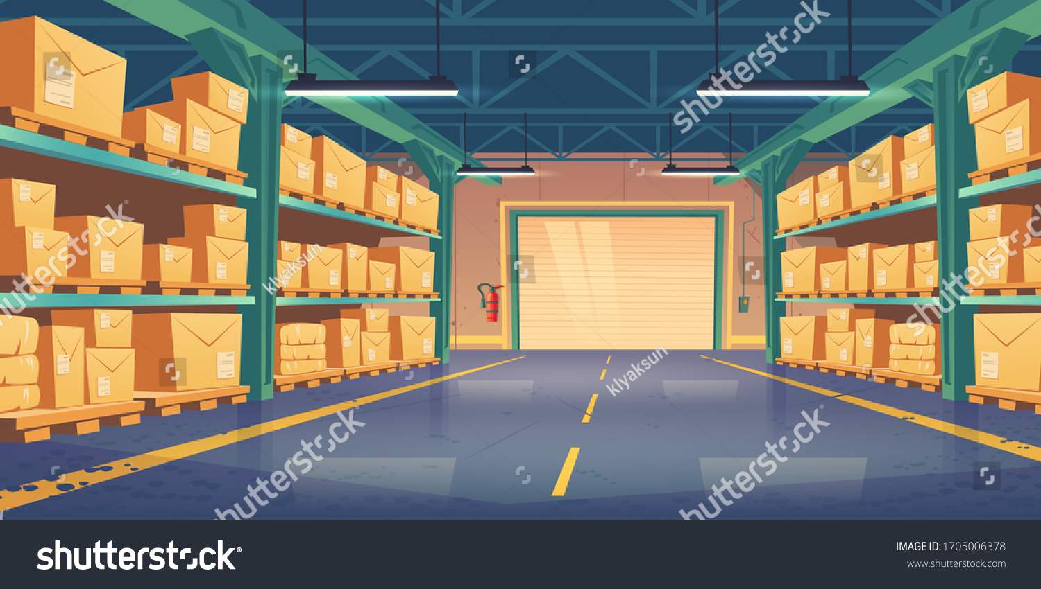 SVG of Warehouse interior, logistics, cargo and goods delivery postal service. Storehouse with rolling shatter gates and racks with parcels boxes on palettes perspective view, Cartoon vector illustration svg