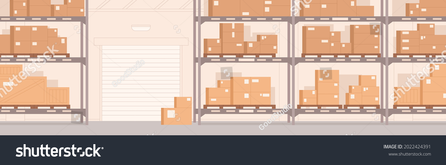 SVG of Warehouse interior with carton boxes on metal shelves. Empty storehouse panoramic background for goods storage. Inside stock room with cargo cardboard and shutter doors. Flat vector illustration svg