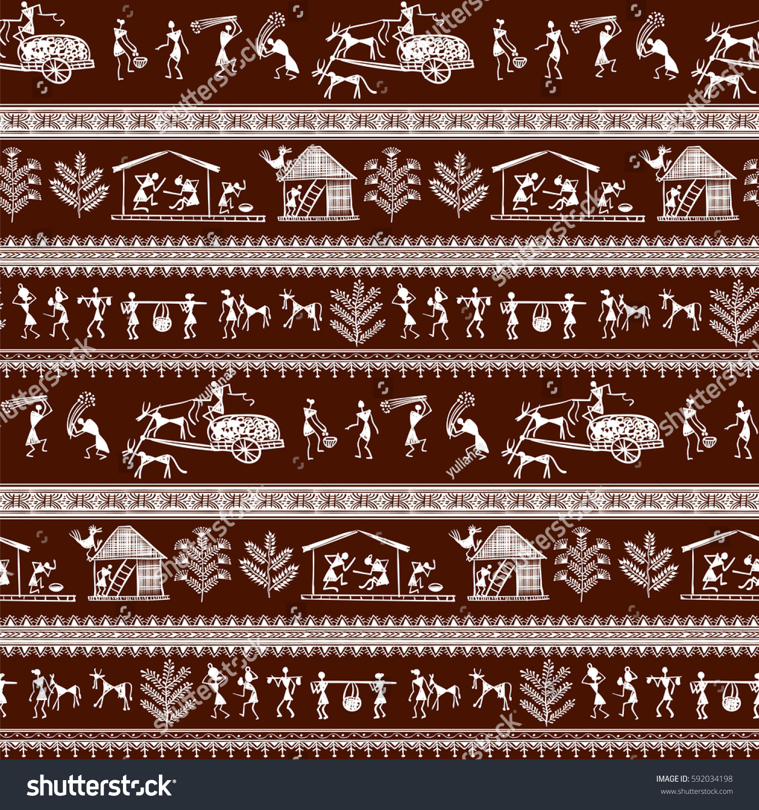 Motif Harmonieux De Peinture Warli Image Vectorielle De Stock   Stock Vector Warli Painting Seamless Pattern Hand Drawn Traditional The Ancient Tribal Art India Pictorial 592034198 