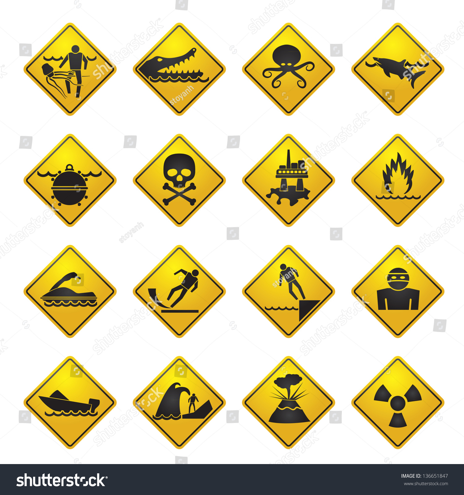 Warning Signs For Dangers In Sea, Ocean, Beach And Rivers - Vector Icon ...