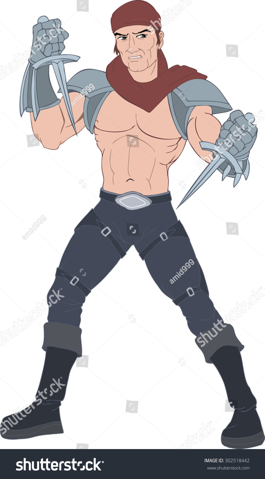 warrior with daggers, red scarf, ready to fight clip art preview