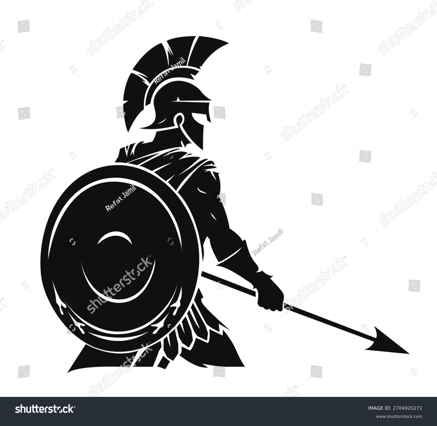 black spartan warrior with shield and spear clip art preview
