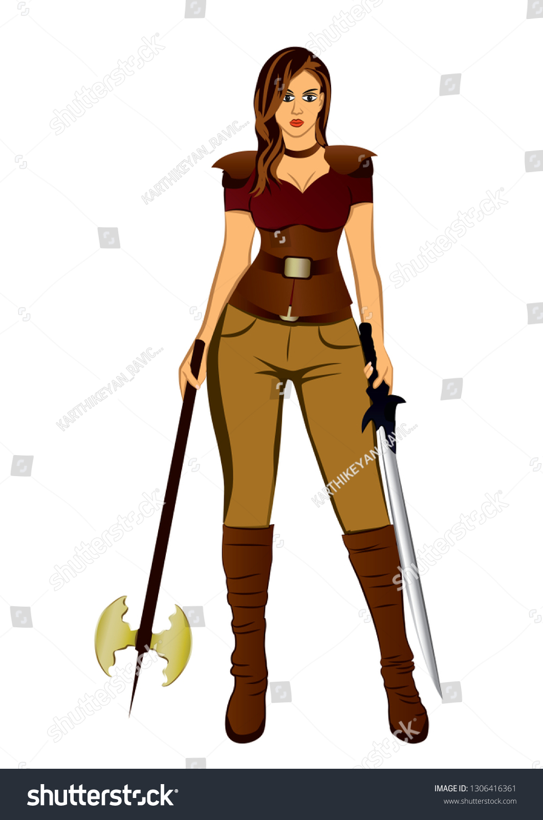 Warrior Woman Holding Axe Sword Vector Stock Vector (Royalty Free