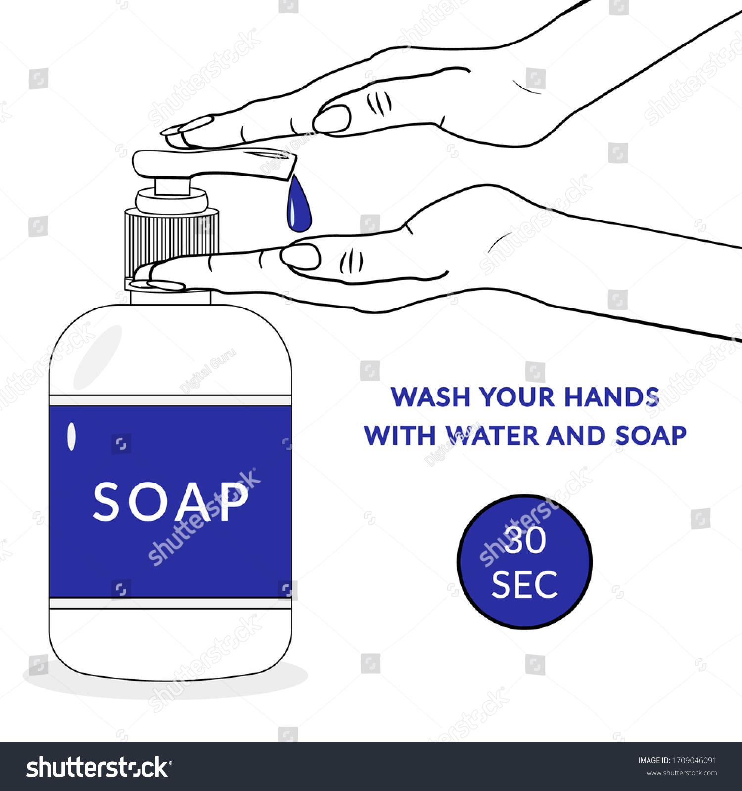 SVG of Wash your hand with water and soap icon. Wash Your Hands 30 seconds. Vector illustration isolated on white background. Personal hygiene. Disinfection, skin care. Antibacterial washing svg