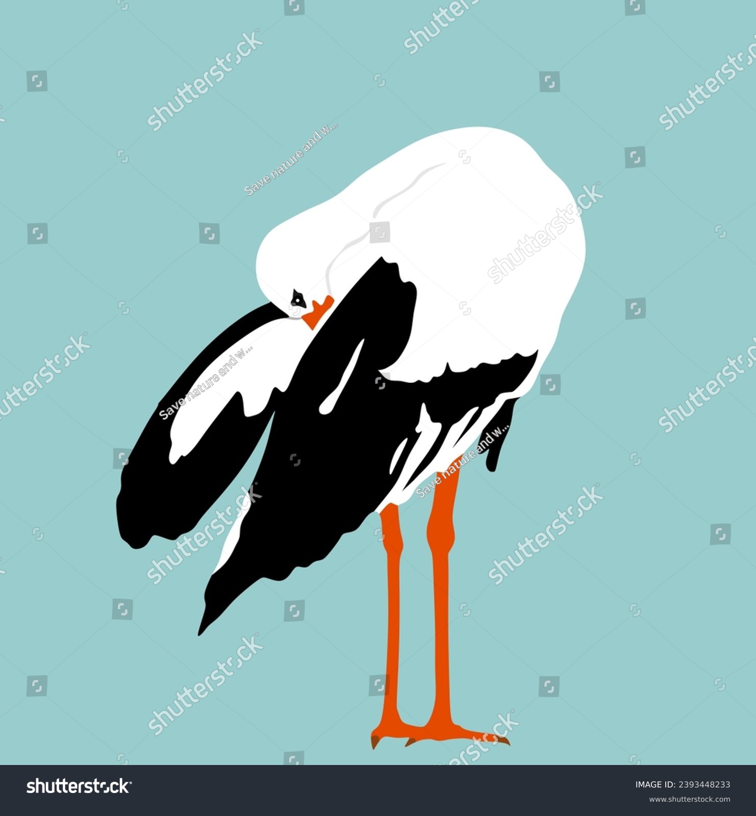 SVG of Washing body by beak elegant stork vector illustration isolated on blue background. Visitant migration bird stork cleaning feathers and wings. Water echo system. Animal bird hygiene. svg