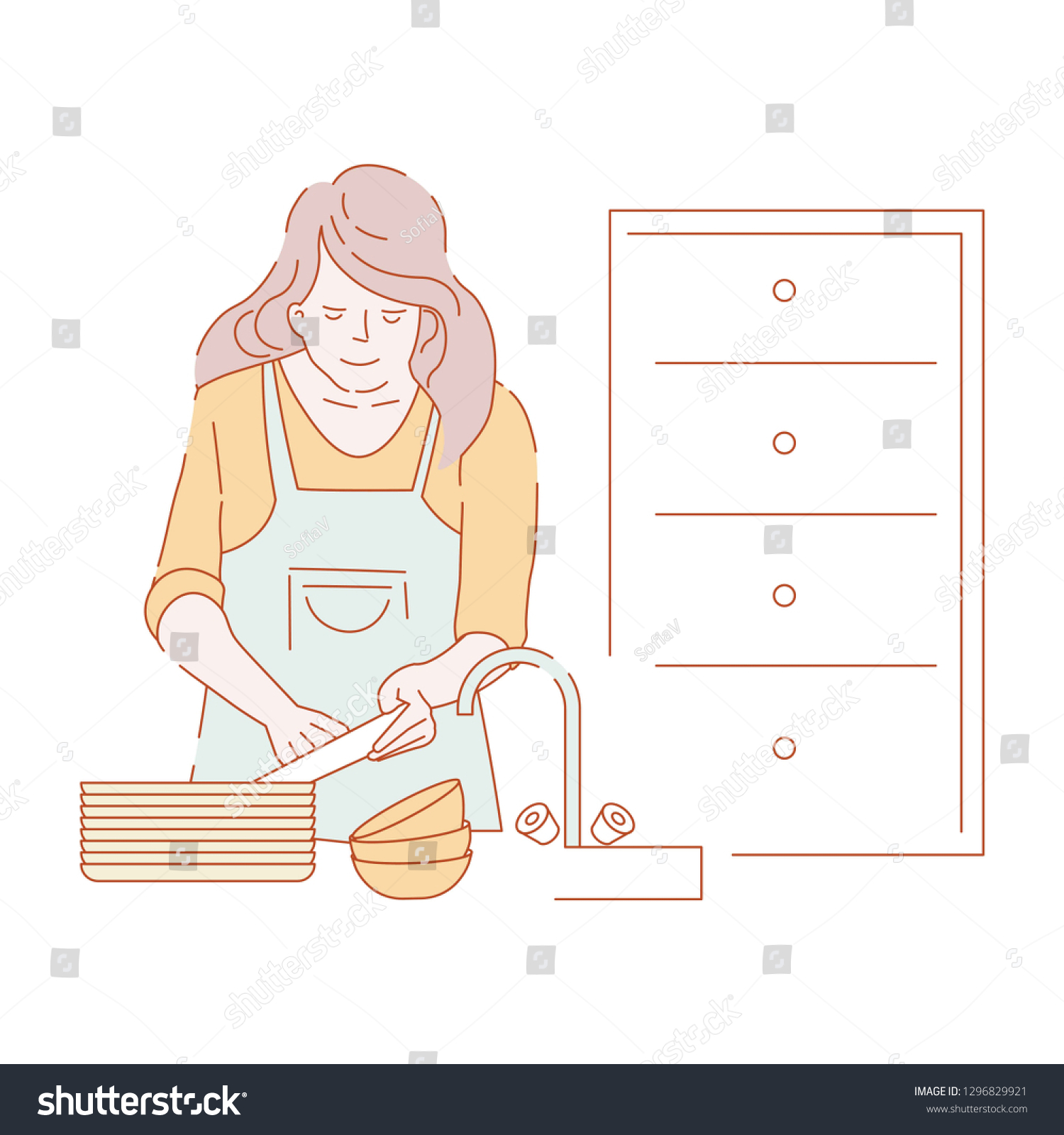 Washing Dishes Sink Housewife Apron Kitchen Stock Vector Royalty Free 1296829921 Shutterstock 