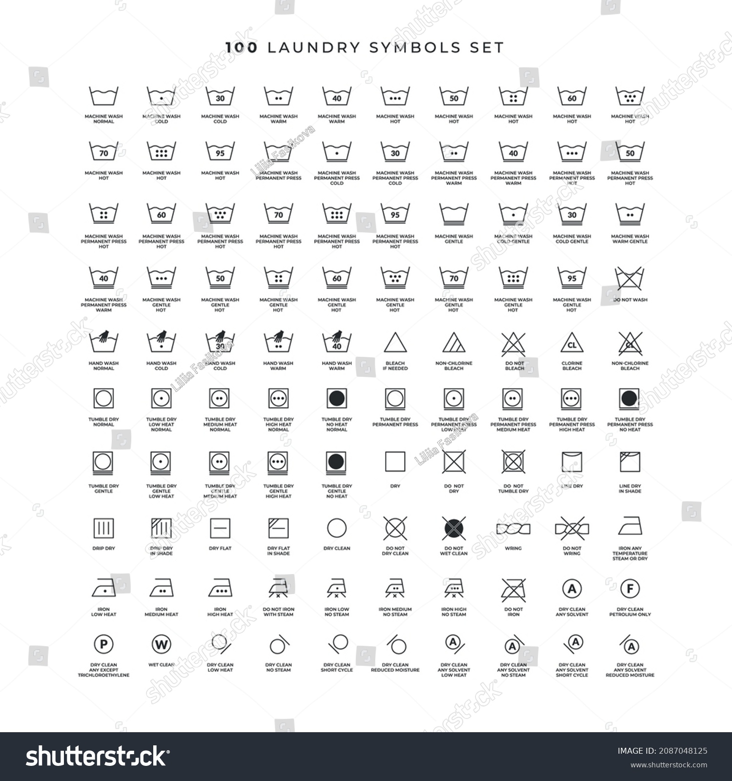 SVG of Washing symbols set. Laundry icons. Laundromat, hand washing, soap bubbles in basin icons. Dry t-shirt, laundry service, dirty smudge spot. Clean clothes. Isolated white background. Vector icons. svg