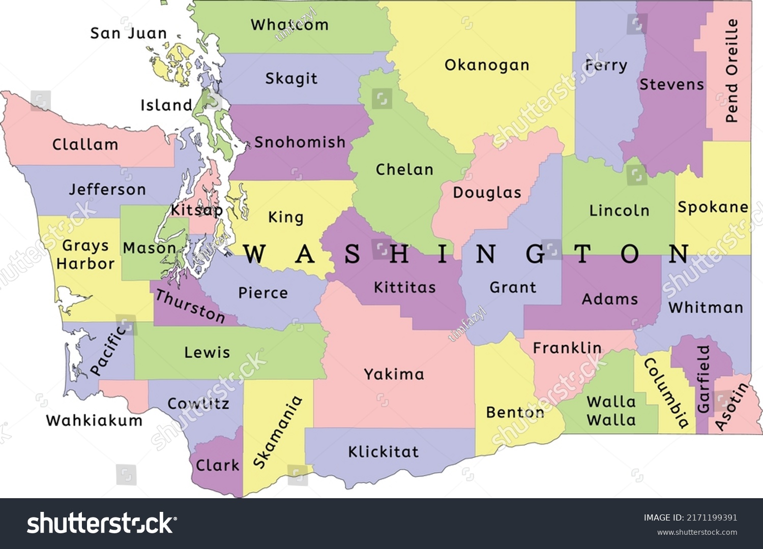 Washington State Administrative Map Counties Clored Stock Vector ...