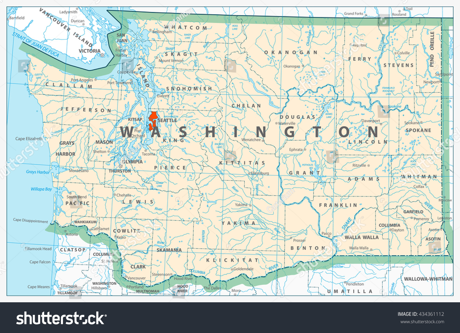 Washington State Rivers Map Washington State Detailed Map Rivers Lakes Stock Vector (Royalty Free)  434361112 | Shutterstock