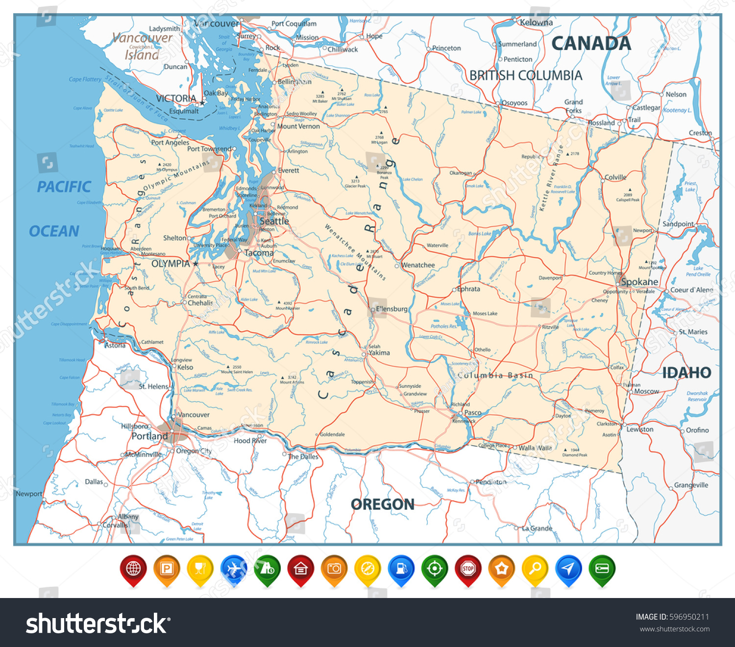 SVG of Washington state map with colorful map pointers with roads, rivers, lakes and highways. svg