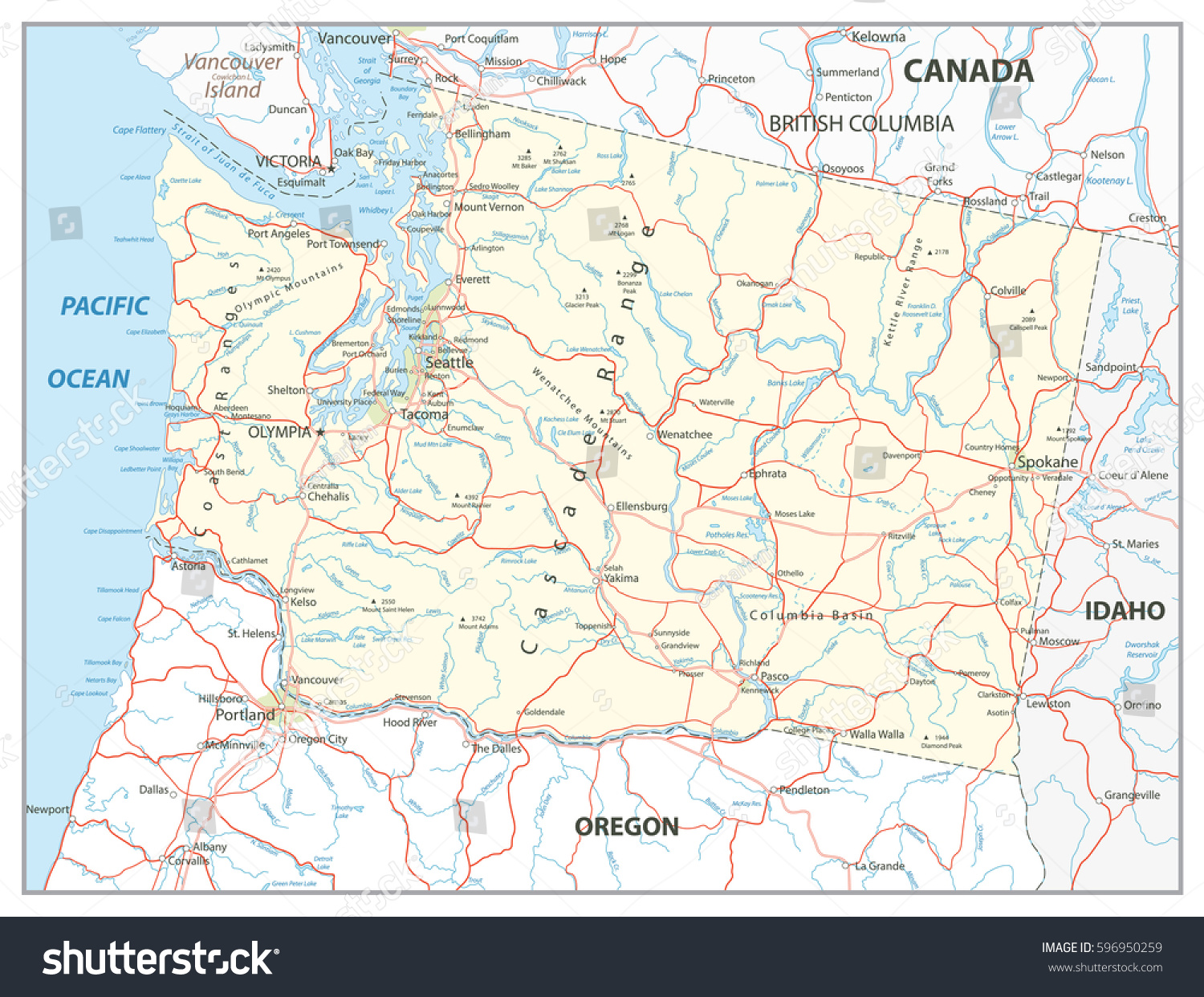SVG of Washington state map with roads, rivers, lakes and highways. svg