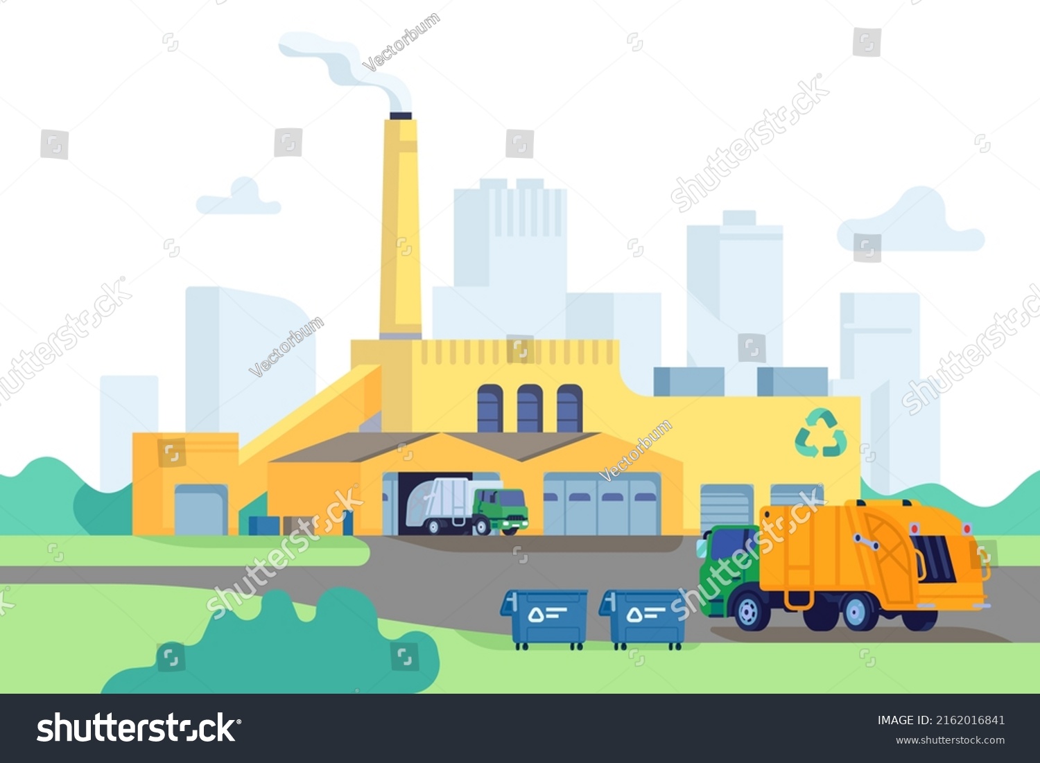 SVG of Waste factory building. Incineration and recycling of garbage process. Trash transportation and shipment. Environmental pollution. Rubbish utilization industrial plant svg