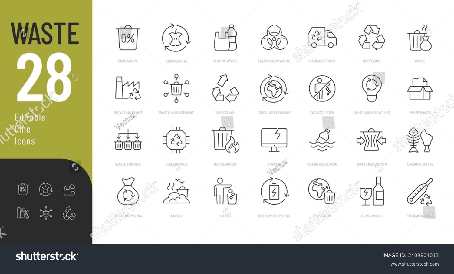 SVG of Waste Line Editable Icons set. Vector illustration in modern thin line style of pollution related icons: waste recycling, waste sorting and type of waste. Isolated on white svg