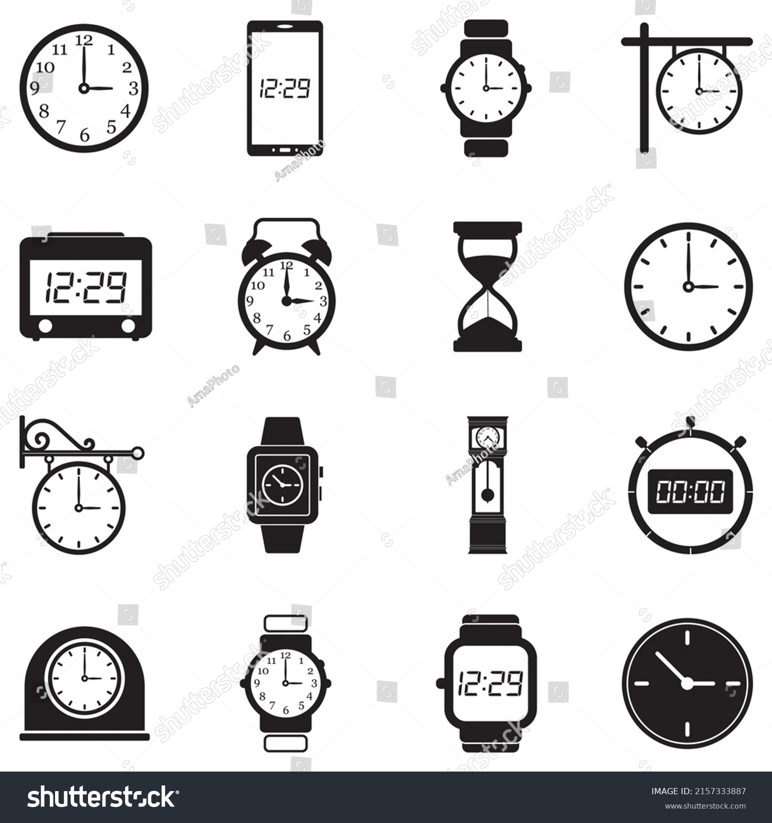 Watch Clock Icons Black Flat Design Stock Vector (Royalty Free ...