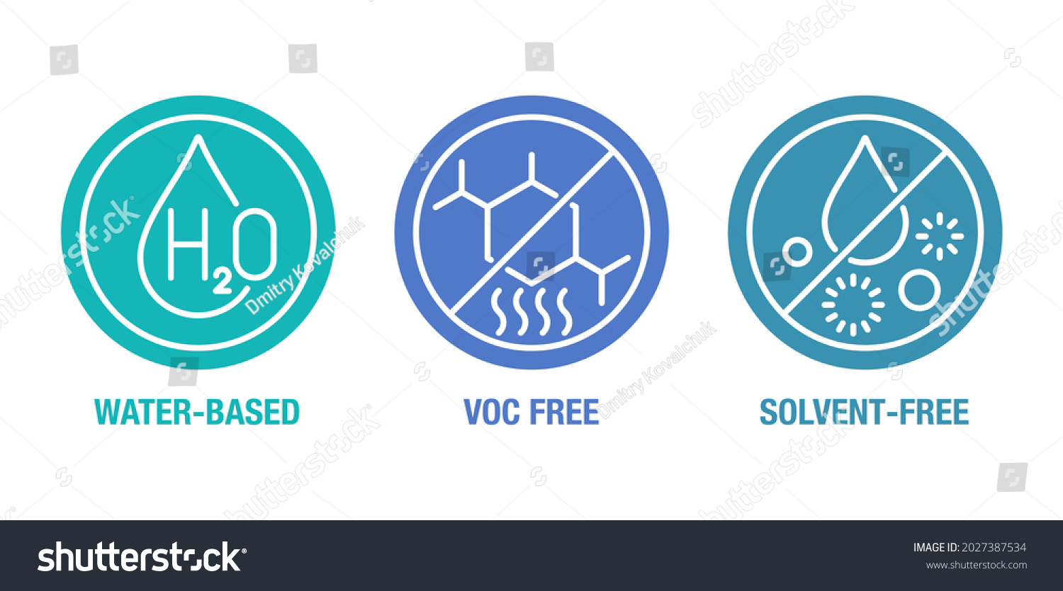 SVG of Water-based, VOC free and Solvent free - flat icons set for labeling of cleaning agent or household chemicals svg