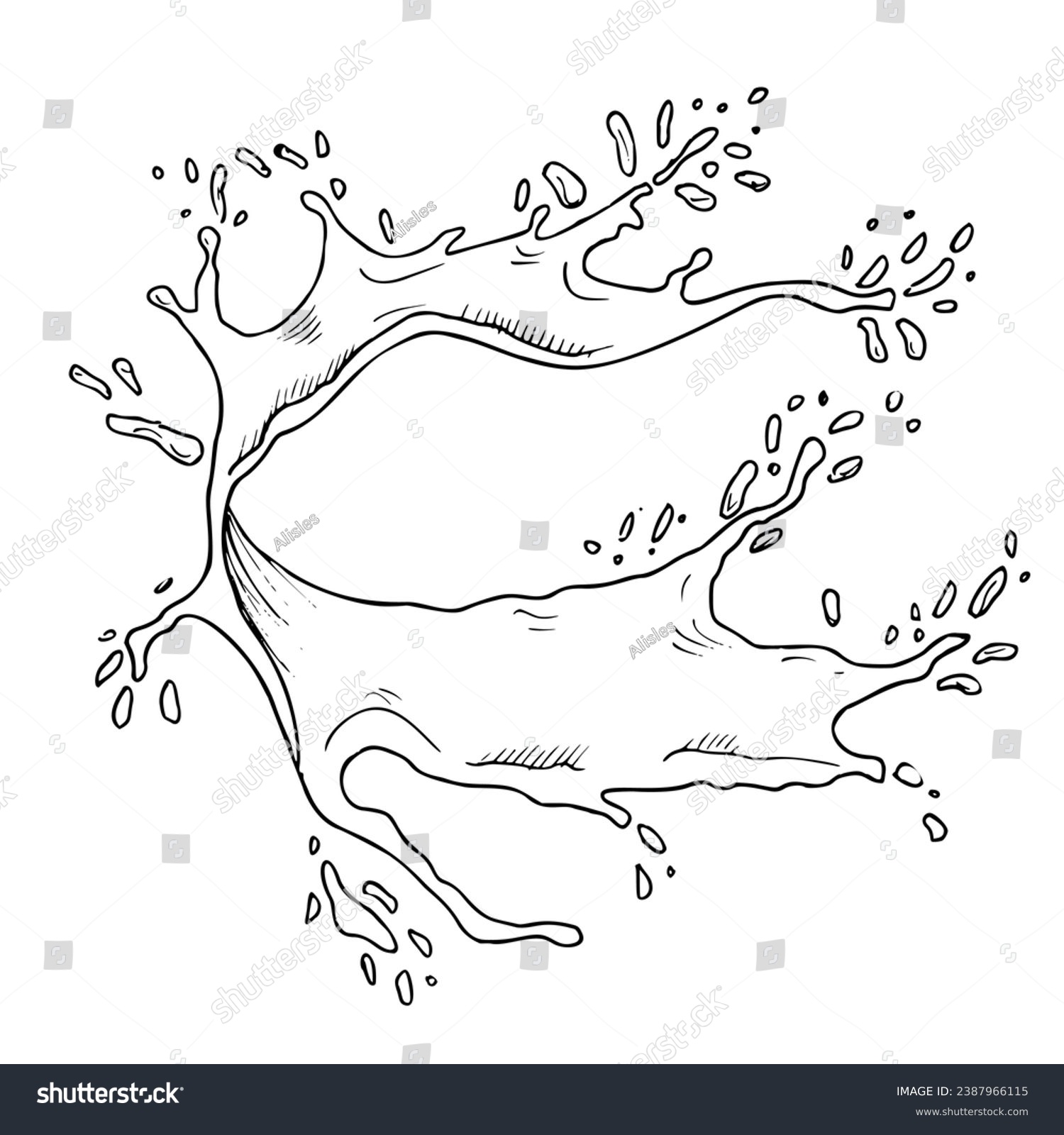 recommend clip art: Water Splash. Hand drawn vector illustration with wave transparent spot of Fruit Beverage or juice. Abstract motion with drops of summer drink for product label or any design. Linear black drawing.
