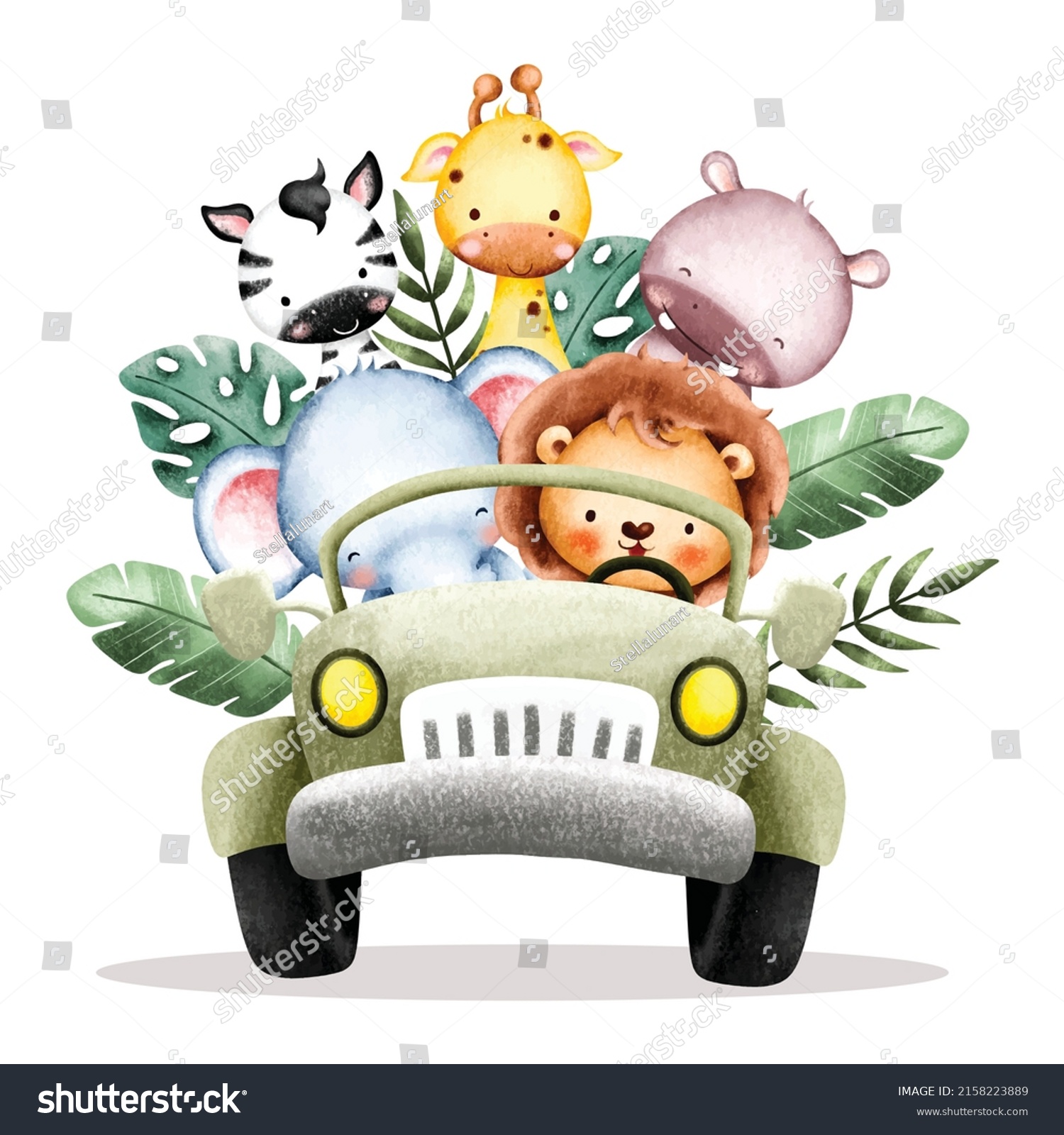 SVG of Watercolor Baby safari animals  in jeep svg
