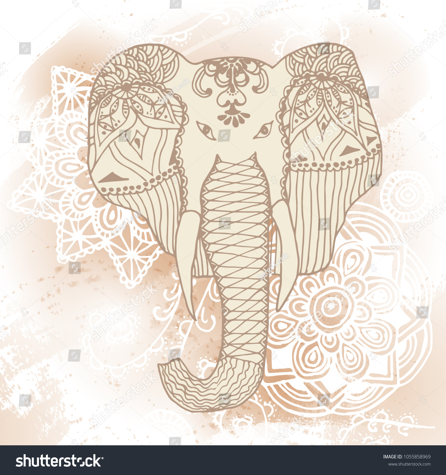 Watercolor Background Doodle Stylized Elephant Marking Stock