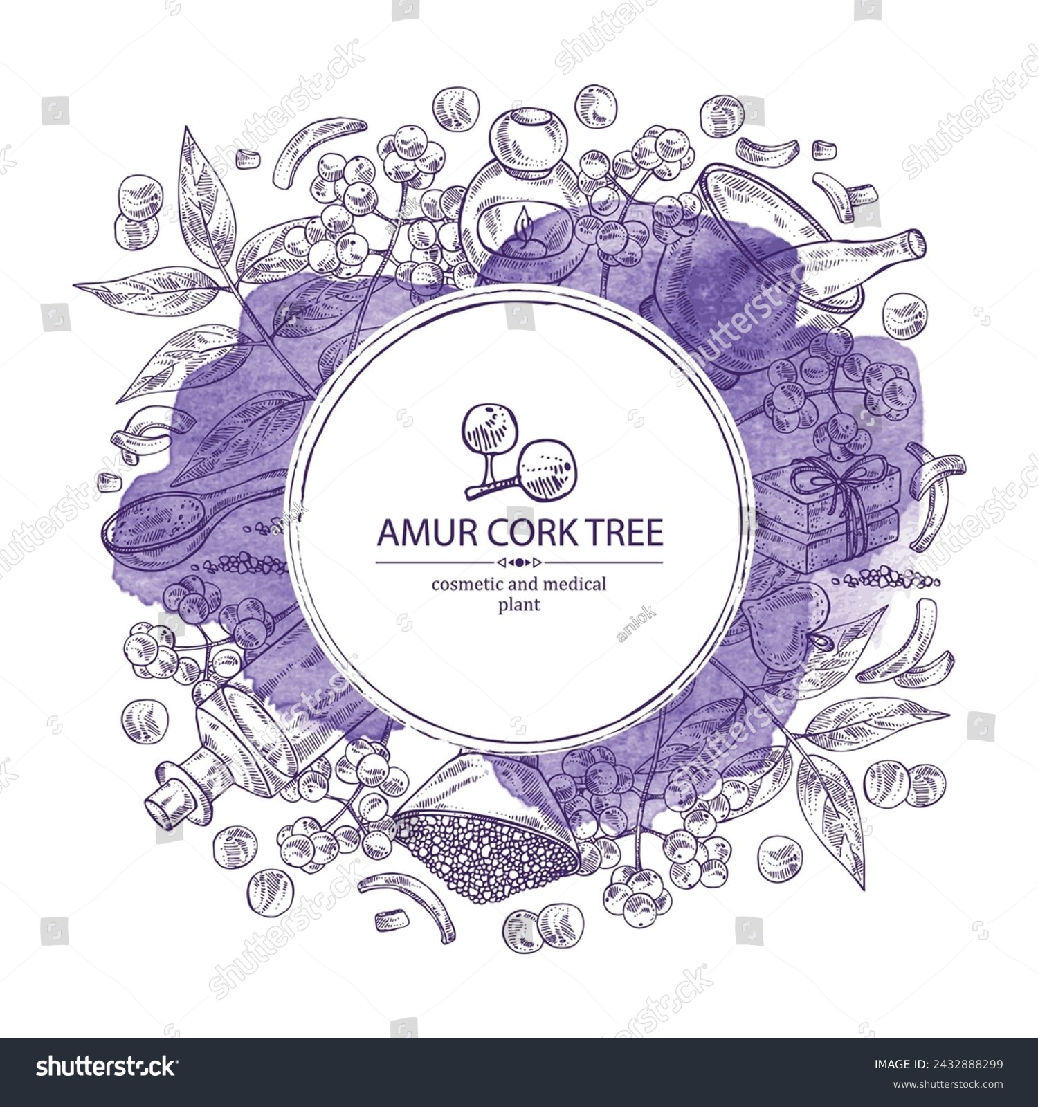 SVG of Watercolor background with  amur cork tree: amur cork berries, plant and amur cork tree bark. Phellodendron amurense. Oil, soap and bath salt . Cosmetics and medical plant. Vector hand drawn illustrat svg