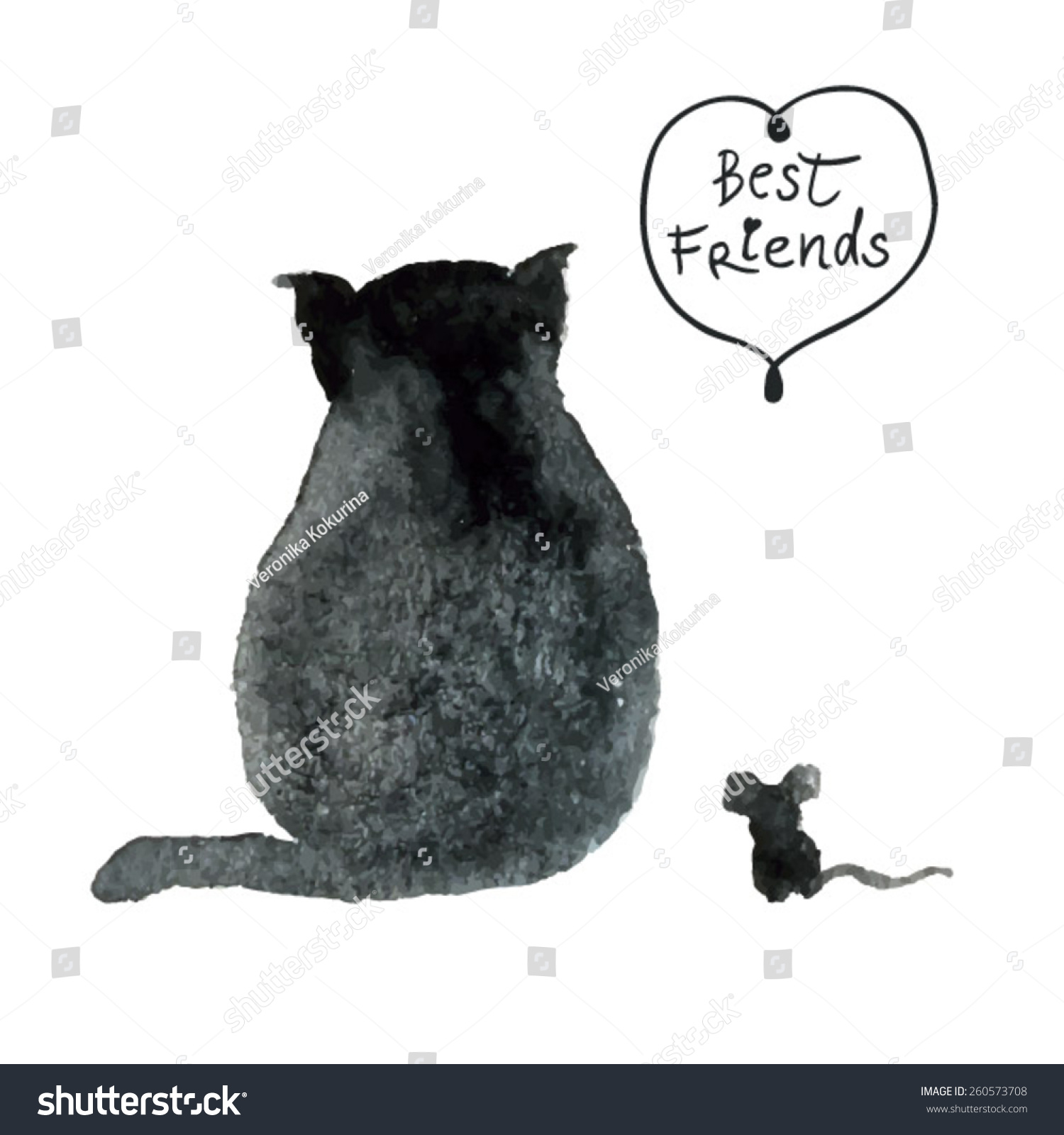 Watercolor Black Cat Mouse Best Friends Stock Vector Royalty Free