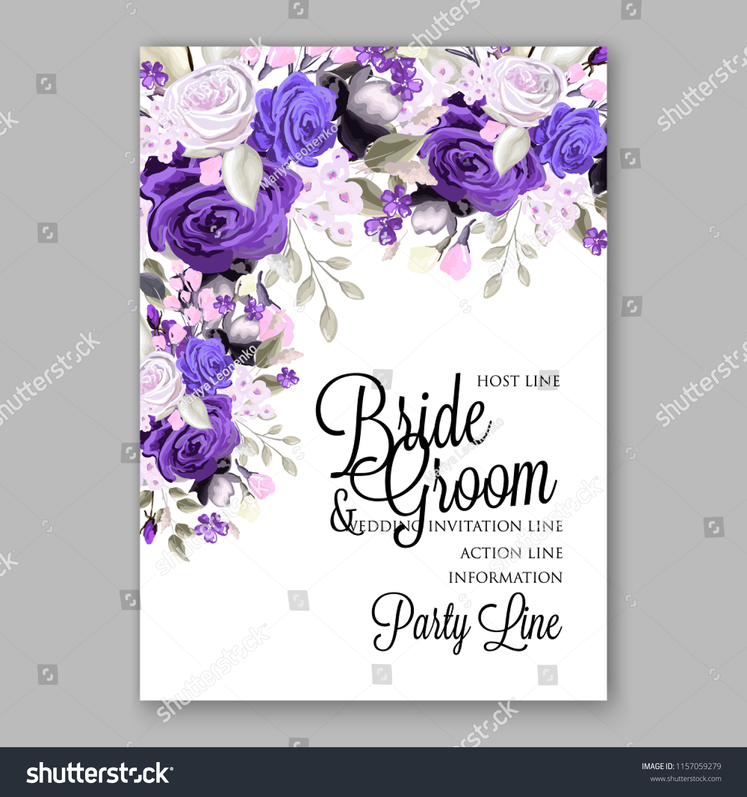 Watercolor Blue Violet Rose Wedding Invitation Stock Vector (Royalty ...