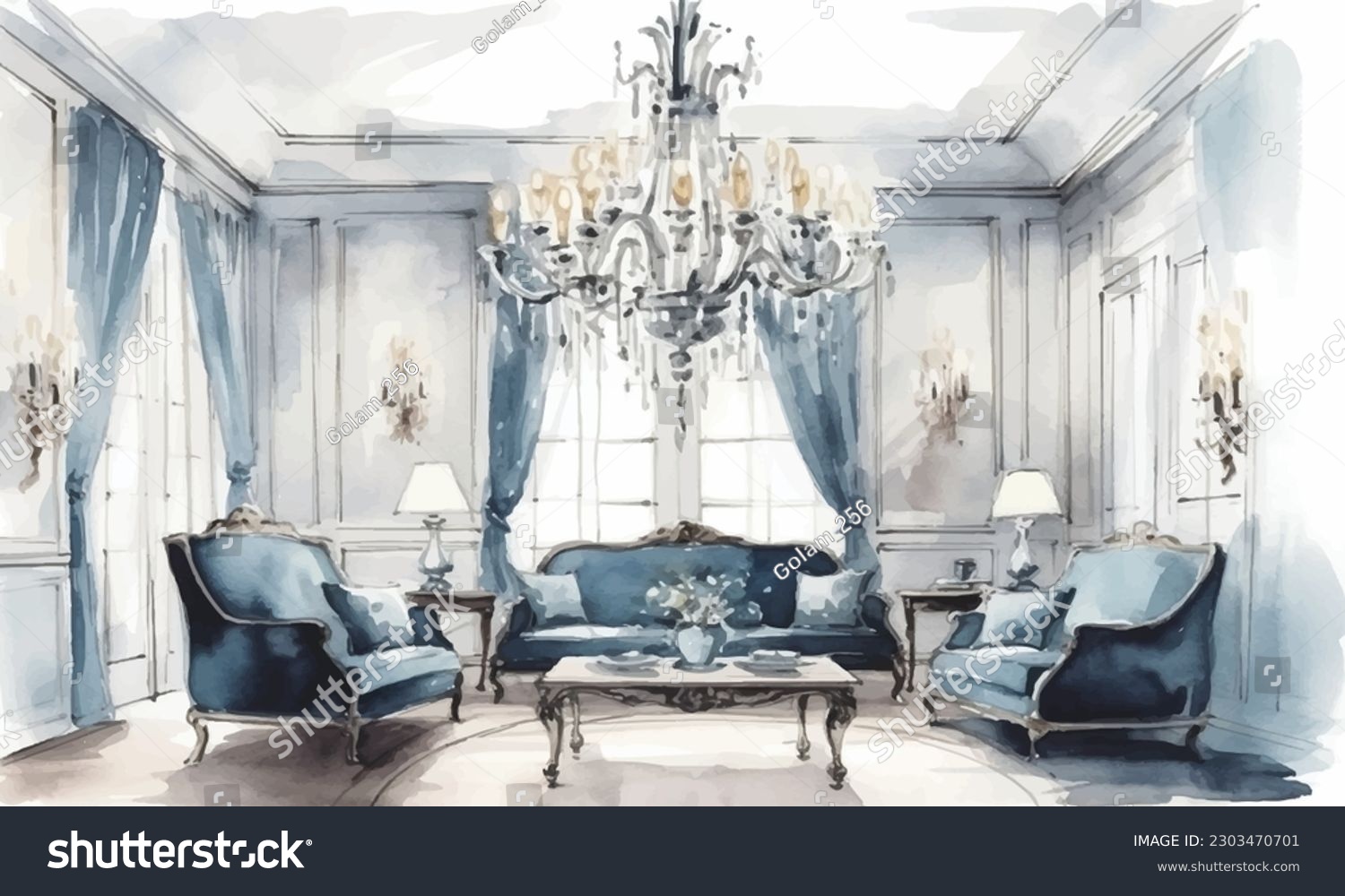 SVG of watercolor classic room and Trendy interior design with sofa svg