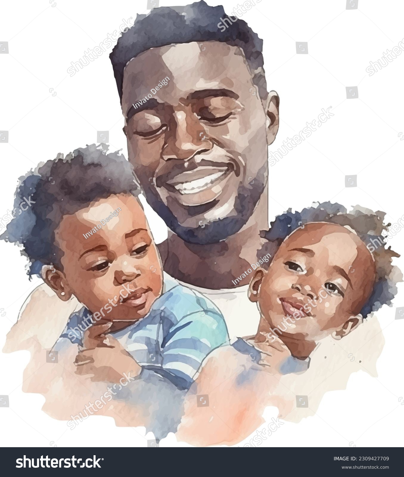SVG of Watercolor composition of loving and caring african american daddy and kids svg