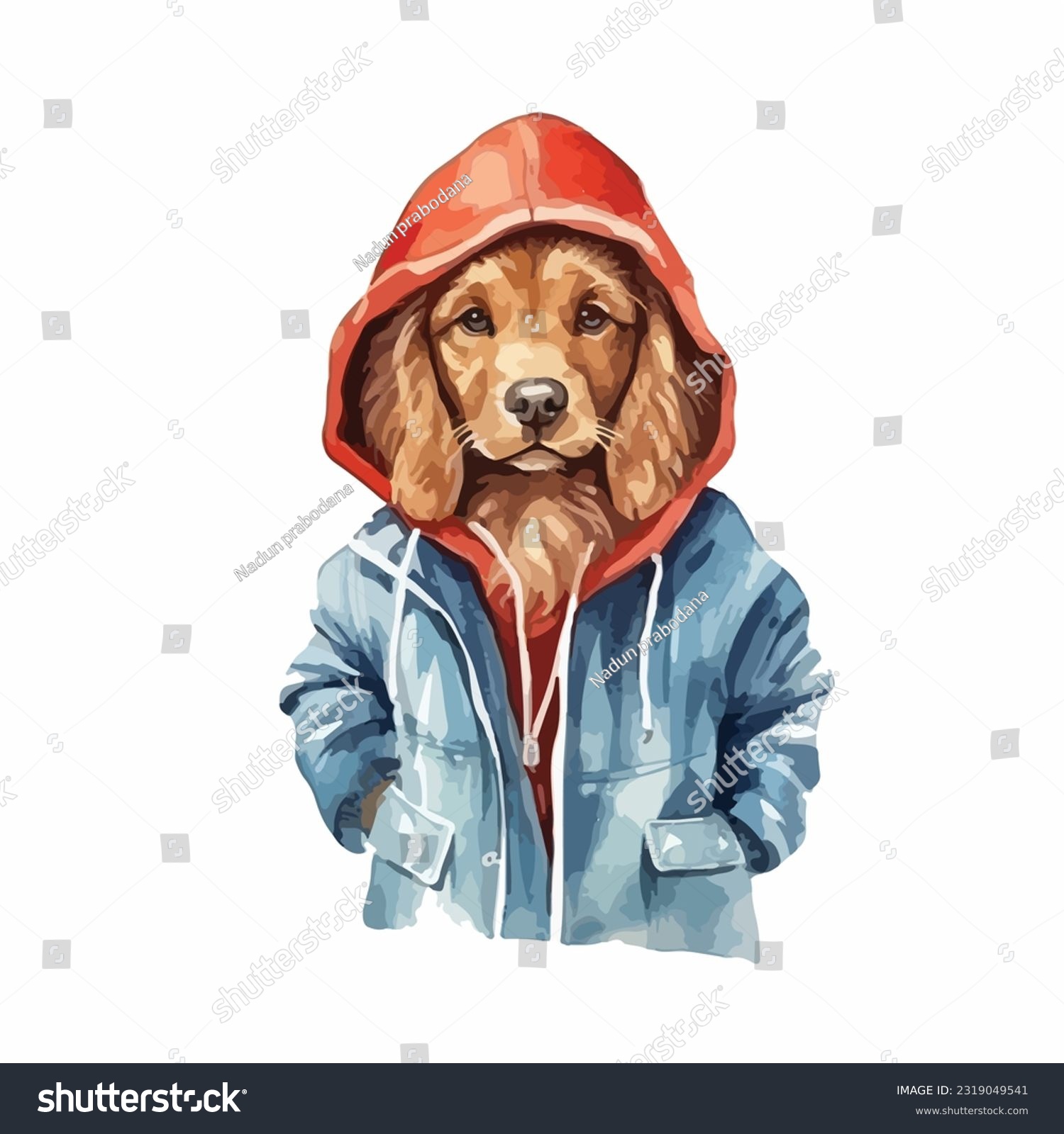 SVG of watercolor dog wearing clothes playfull funny white background isolated. vector Illustration svg