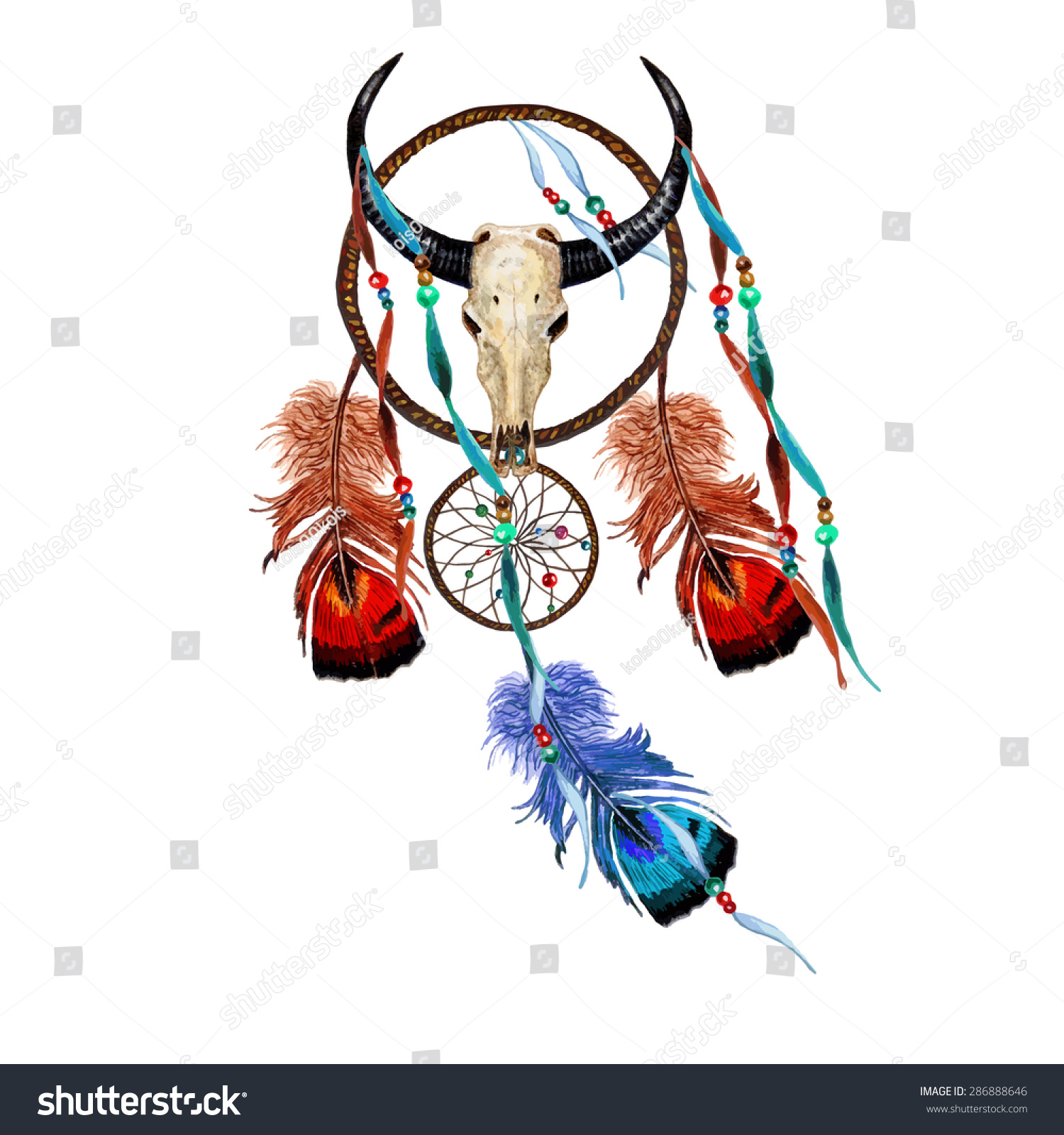 Watercolor Dream Catcher Buffalo Skull Feathers Stock Vector