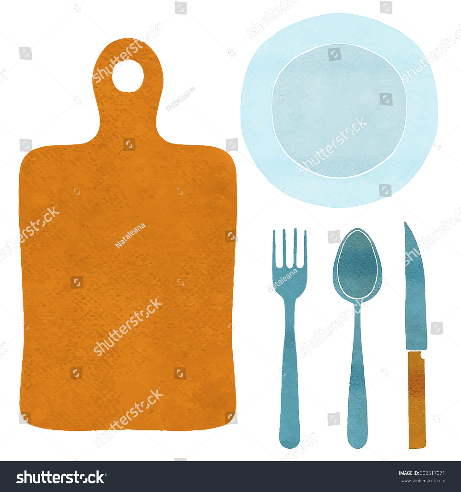 SVG of Watercolor fork, knife, plate, spoon, cutting board top view set closeup isolated on white background  svg