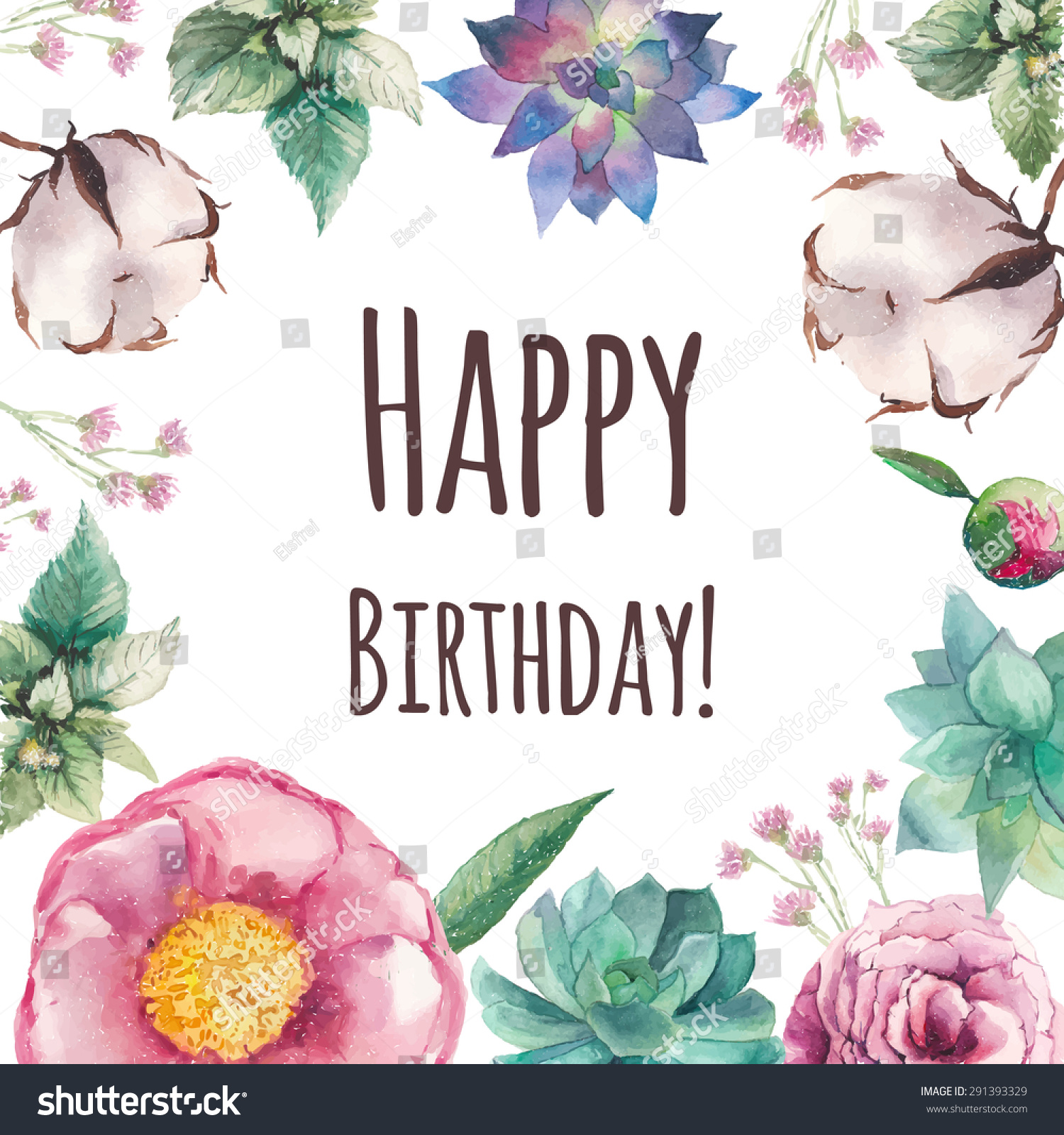 Watercolor Garden Floral Happy Birthday Card Stock Vector 291393329 ...