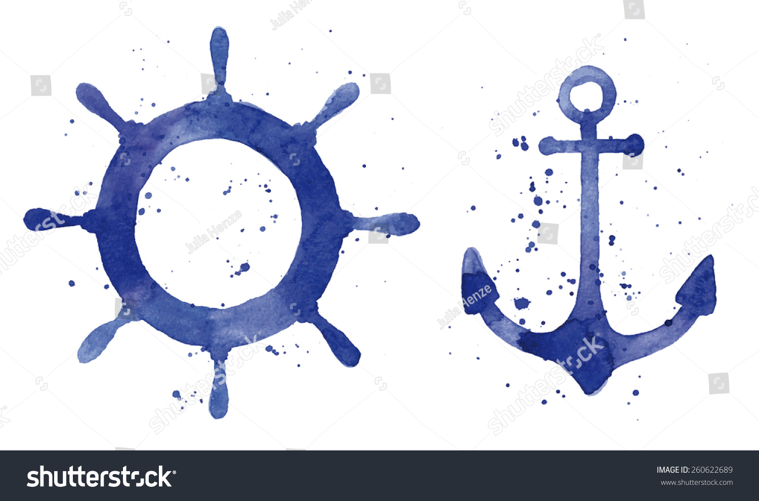 SVG of Watercolor illustration of an anchor and a steering wheel svg