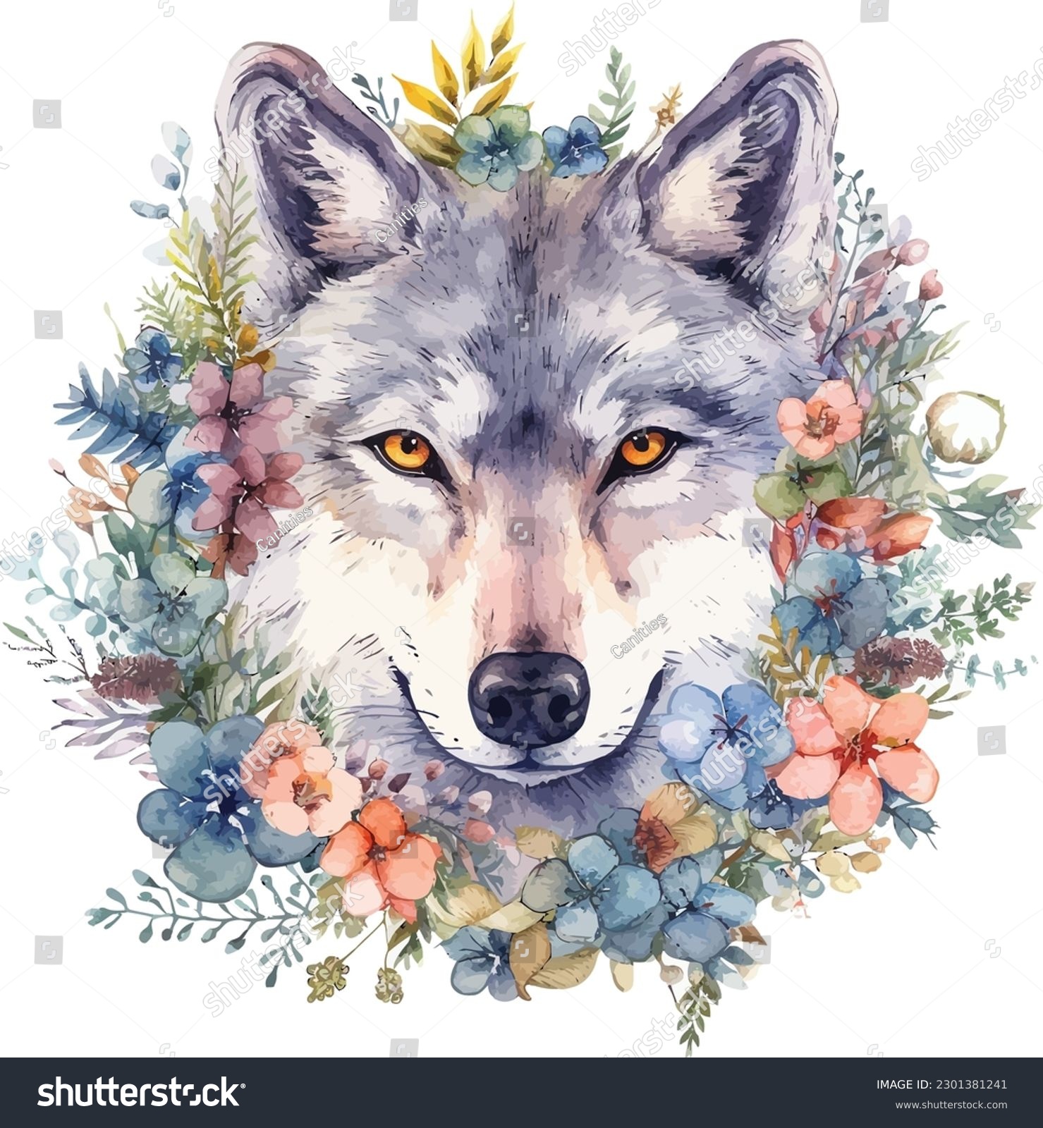 SVG of Watercolor painting of a wolf with flowers wreath. Isolated on white background. svg