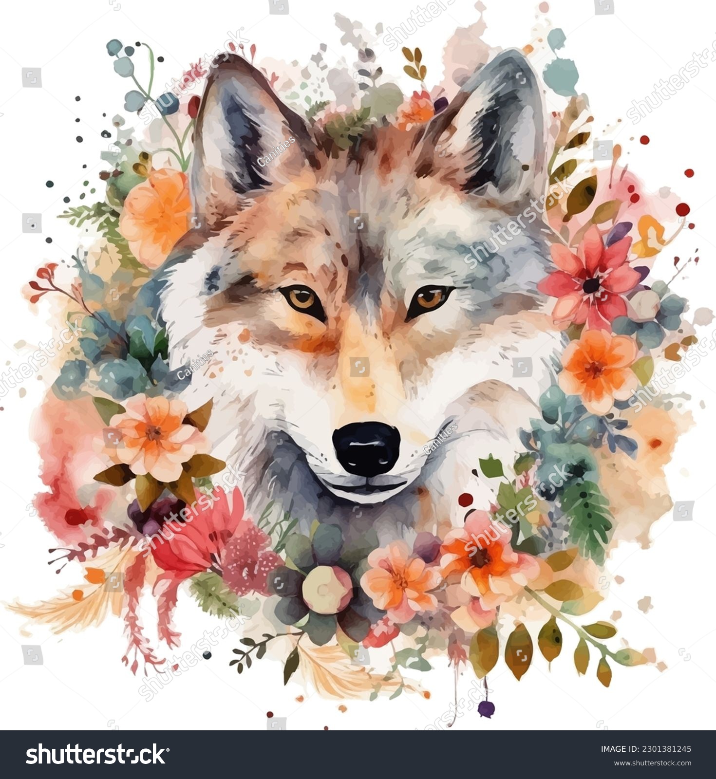 SVG of Watercolor painting of a wolf with flowers wreath. Isolated on white background. svg