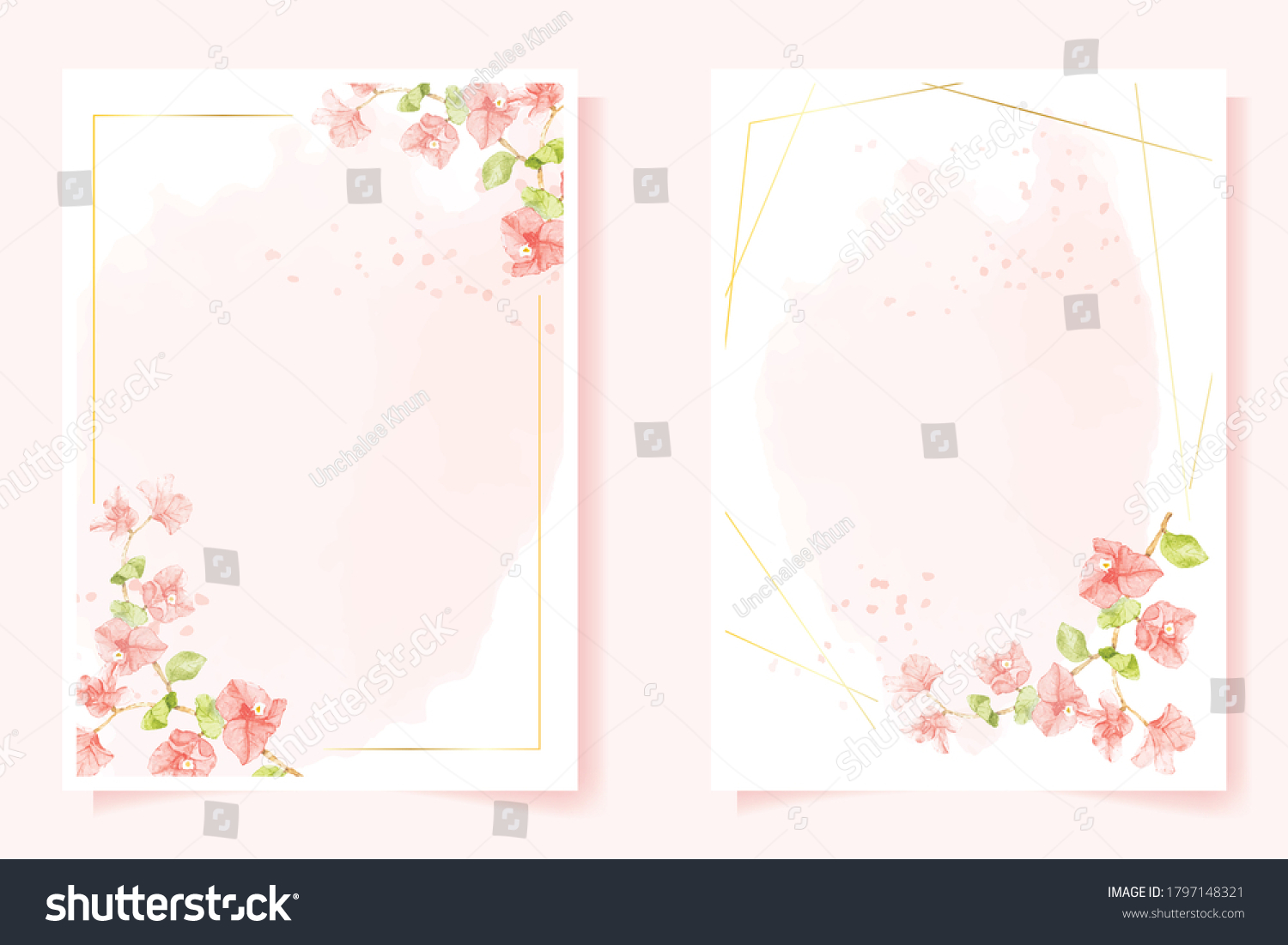 SVG of watercolor pink Bougainvillea with golden frame for wedding or birthday invitation card 5x7 template collection svg