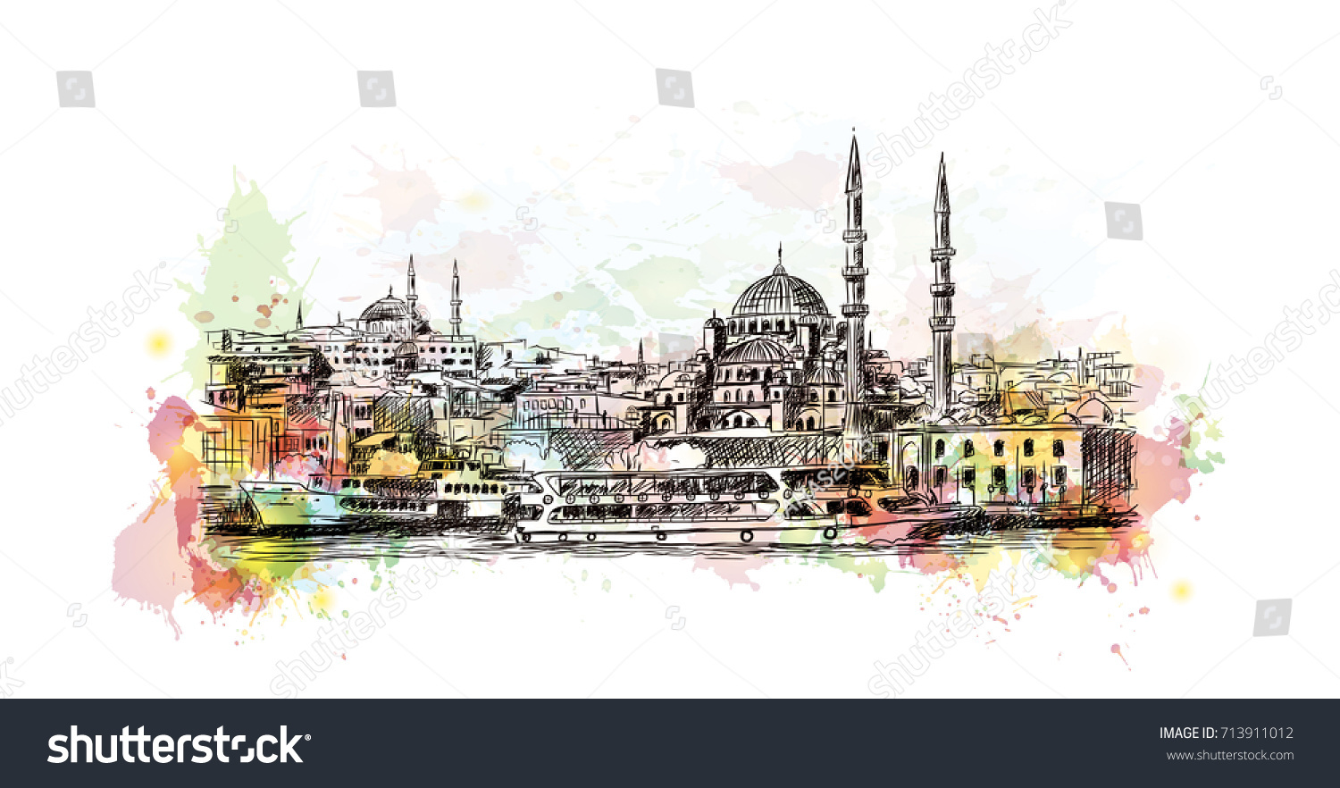 Watercolor Sketch Blue Mosque Istanbul Turkey Stock Vector Royalty
