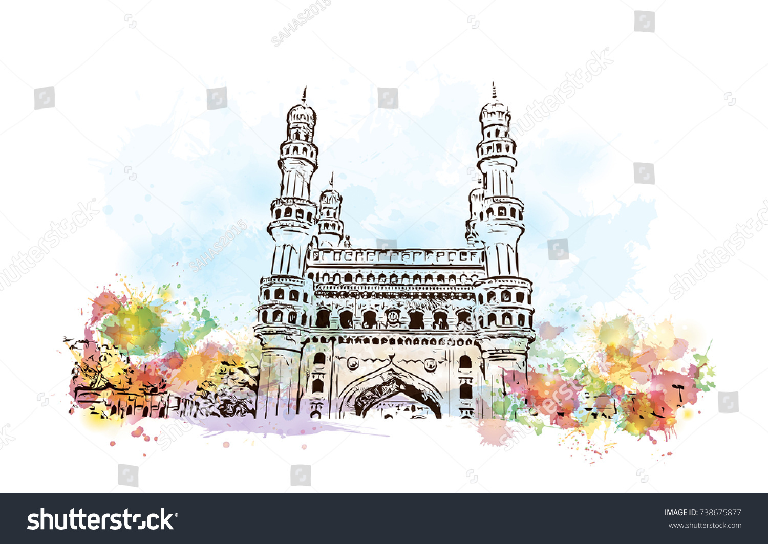 3 093 Old City Hyderabad Images Stock Photos Vectors Shutterstock   Stock Vector Watercolor Sketch With Splash Of Charminar Hyderabad Telangana India In Vector Illustration 738675877 