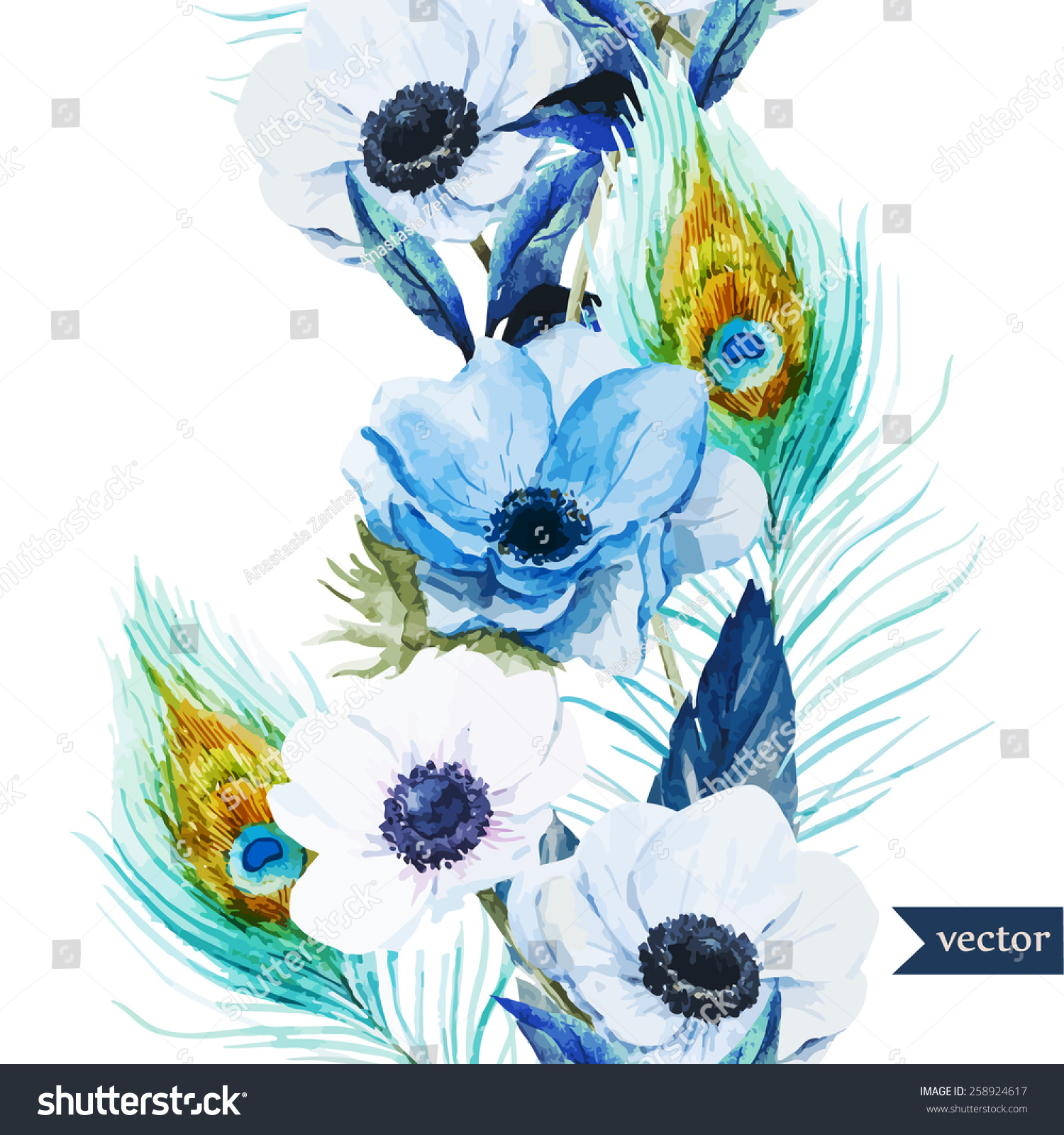 水の色 ベクター画像 花 パターン アネモネ 羽 ボホ 壁紙 背景 のベクター画像素材 ロイヤリティフリー