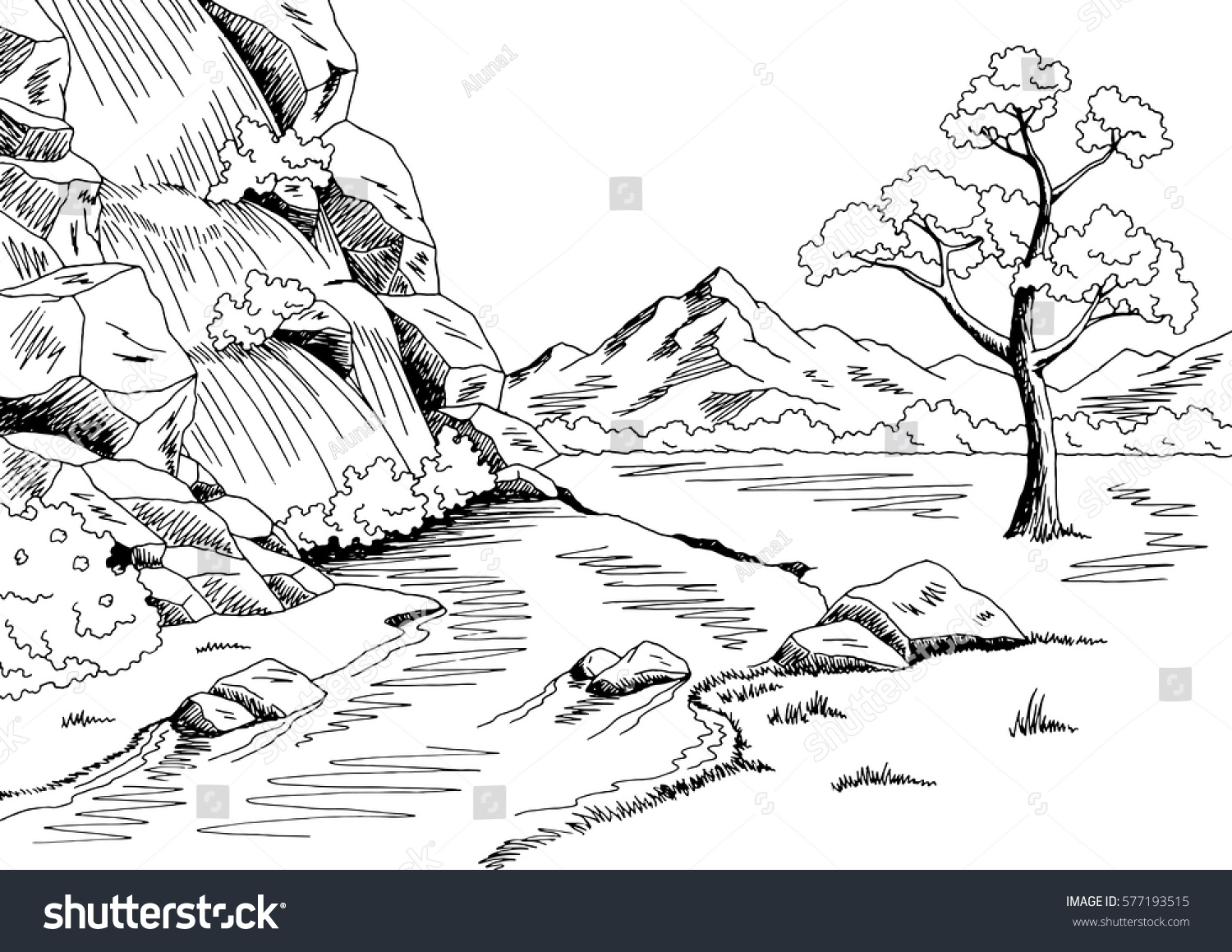 Waterfall Graphic Black White Landscape Sketch Stock Vector (royalty 