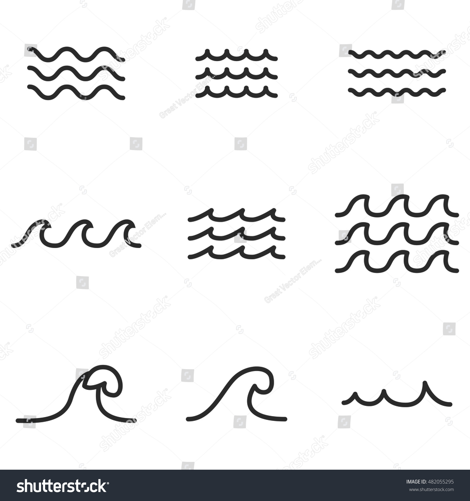 波の記号のベクター画像アイコン 9つのウェーブサインエレメントの簡単なイラストセット 編集可能なアイコンは ロゴ Ui ウェブデザインで使用できます のベクター画像素材 ロイヤリティフリー