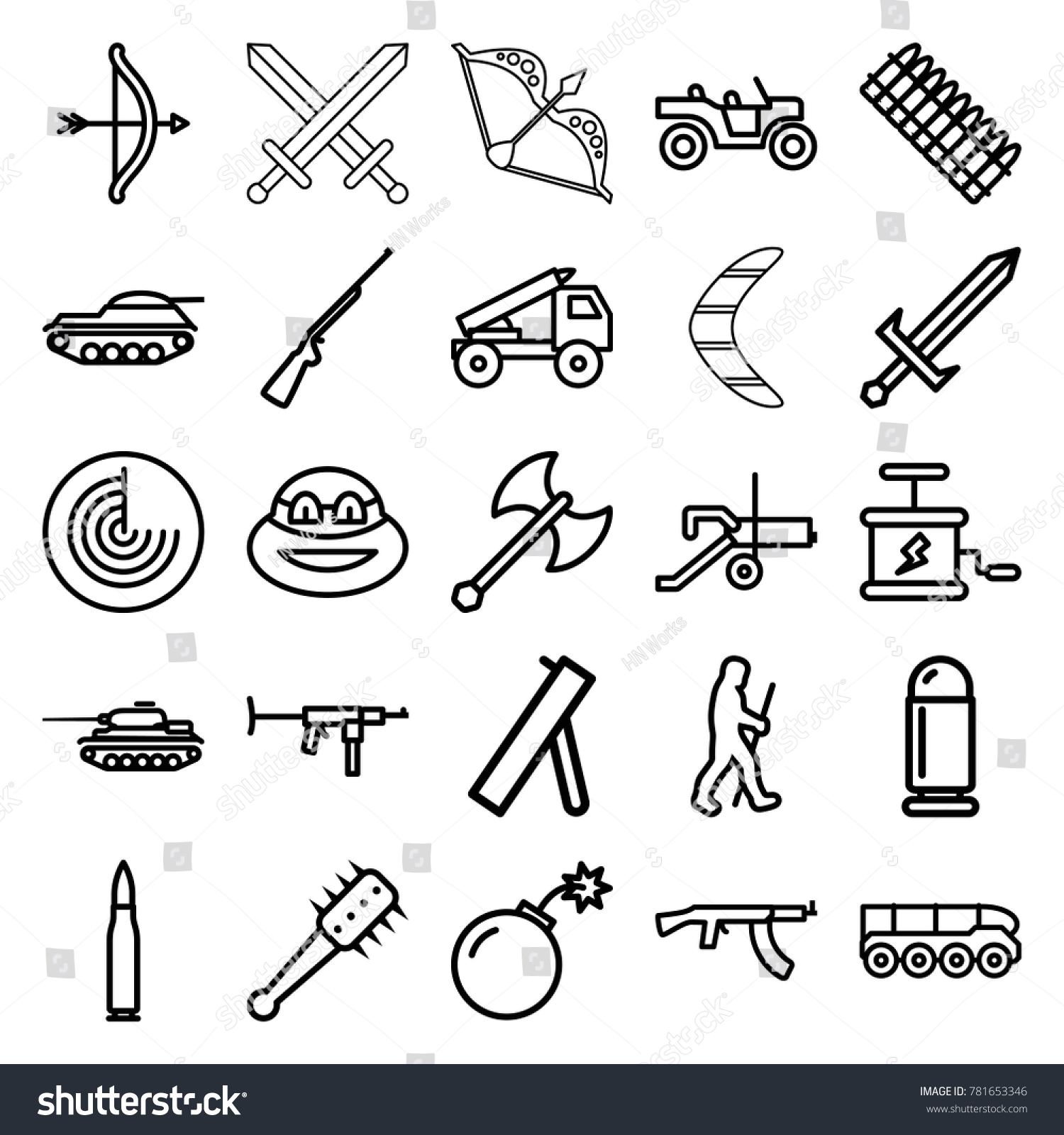 Weapon icons. set of 25 editable outline weapon icons such as radar, ninja,