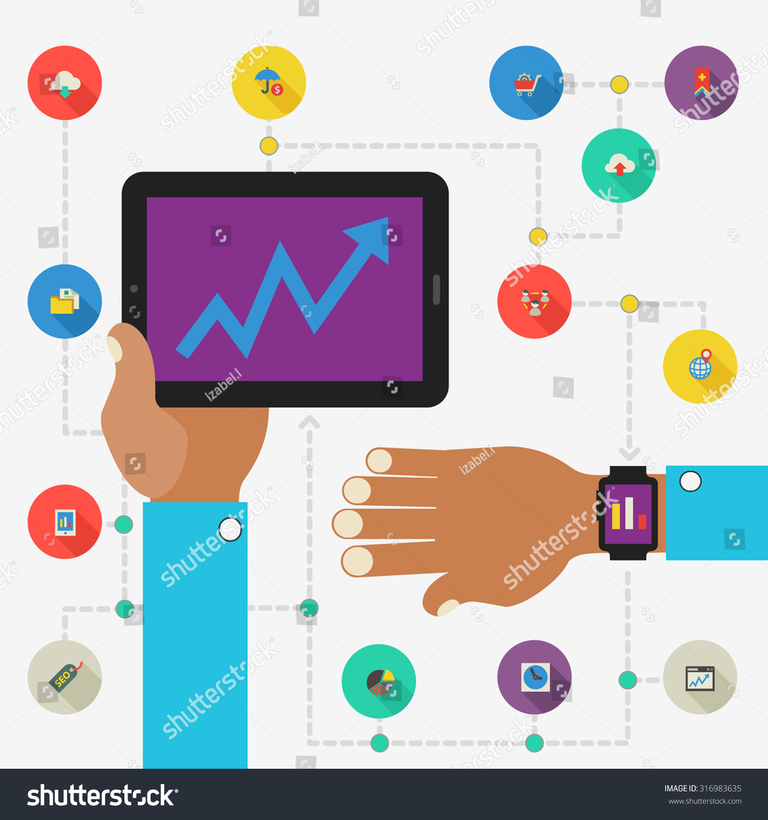 SVG of Wearable technology concept. SEO monitoring with smart watch and smartphone svg