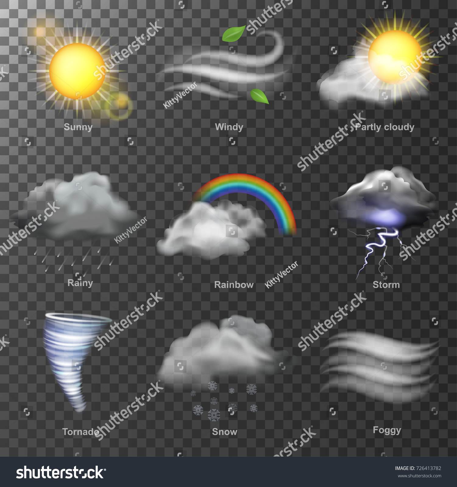 天気のリアルな3dアイコンベクター画像 太陽 雲 虹 嵐の風をセット のベクター画像素材 ロイヤリティフリー